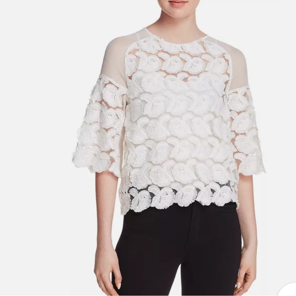 Maje White Semi-Sheer Rosette Appliqué Top Size Large (Maje 3)